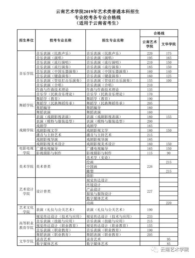 云南藝術學院2019校考合格線
